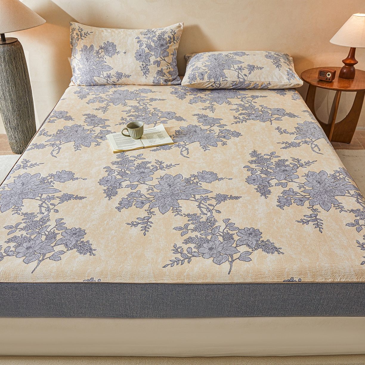 91家纺网 家纺一手货源 找家纺 笠裙家纺 2026新款云感水洗棉印花单床笠床笠单件 兰亭序-米白