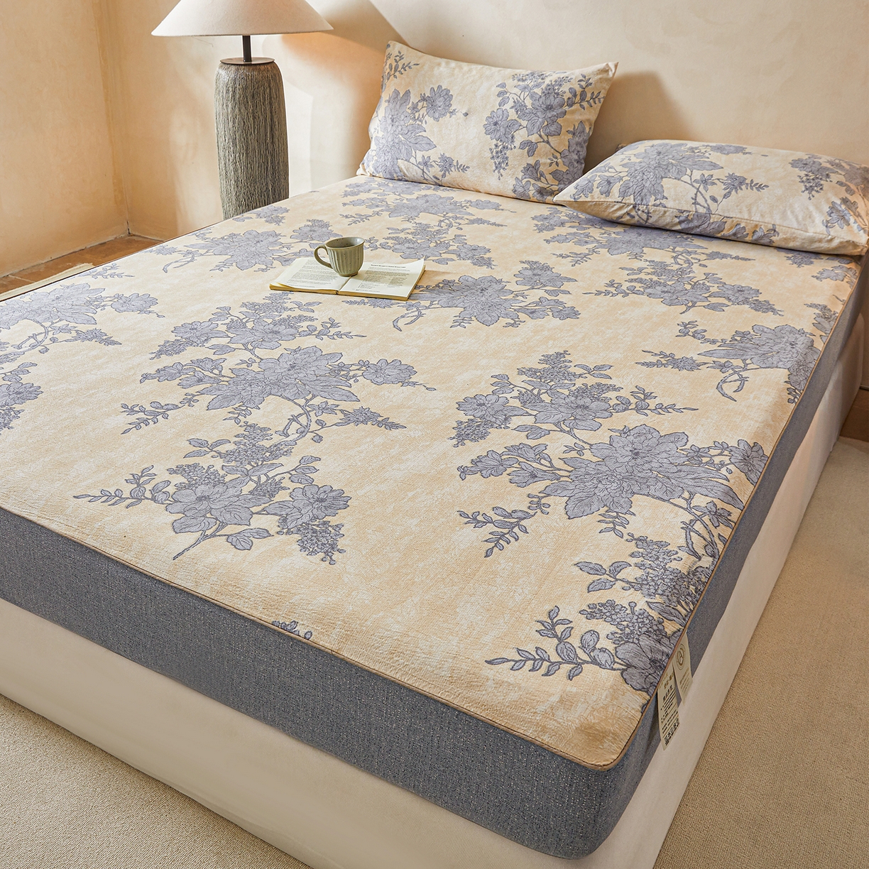 91家纺网 家纺一手货源 找家纺 笠裙家纺 2026新款云感水洗棉印花单床笠床笠单件 兰亭序-米白