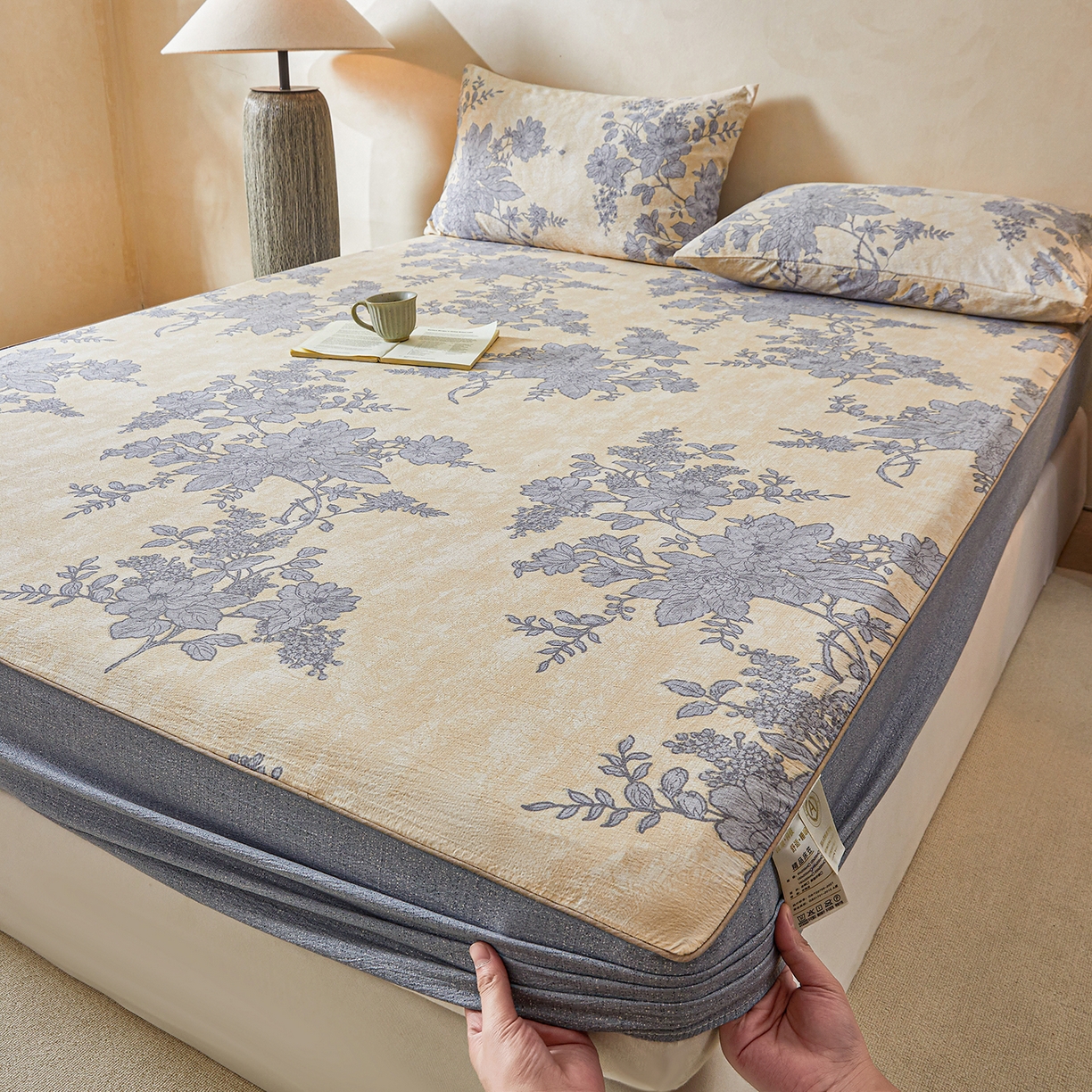 笠裙家纺 2026新款云感水洗棉印花单床笠床笠单件 兰亭序-米白