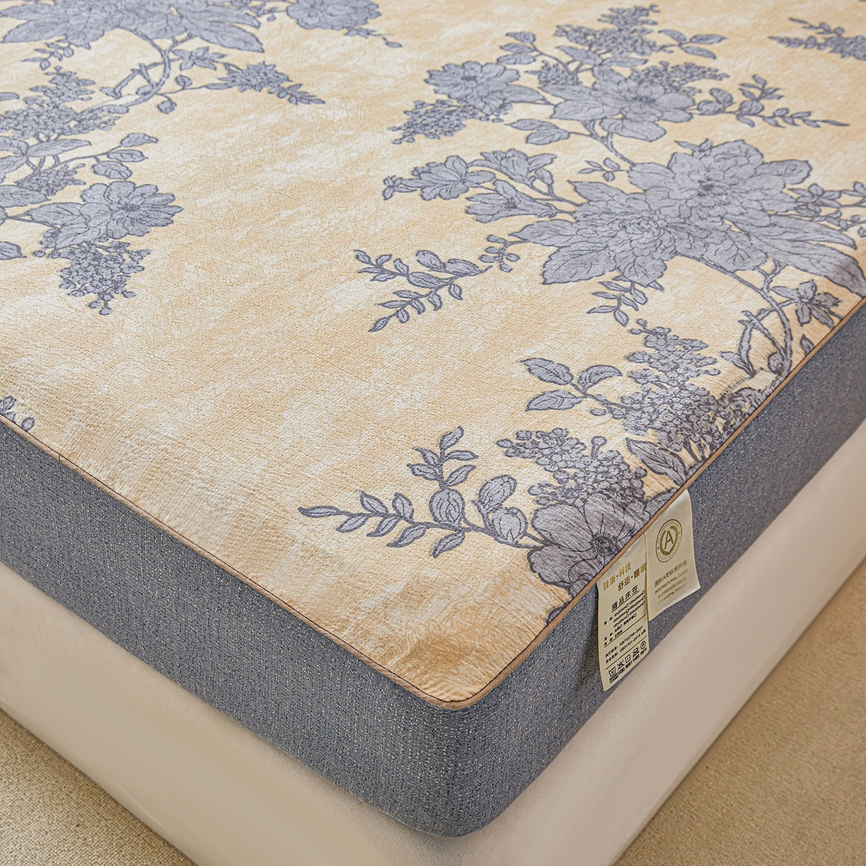 91家纺网 家纺一手货源 找家纺 笠裙家纺 2026新款云感水洗棉印花单床笠床笠单件 兰亭序-米白