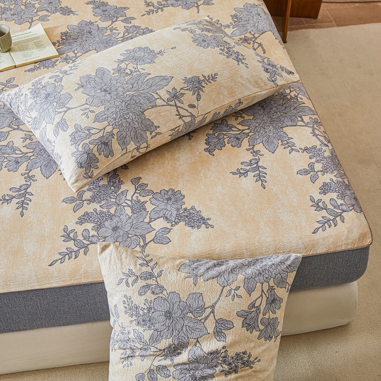 91家纺网 家纺一手货源 找家纺 笠裙家纺 2026新款云感水洗棉印花单床笠床笠单件 兰亭序-米白