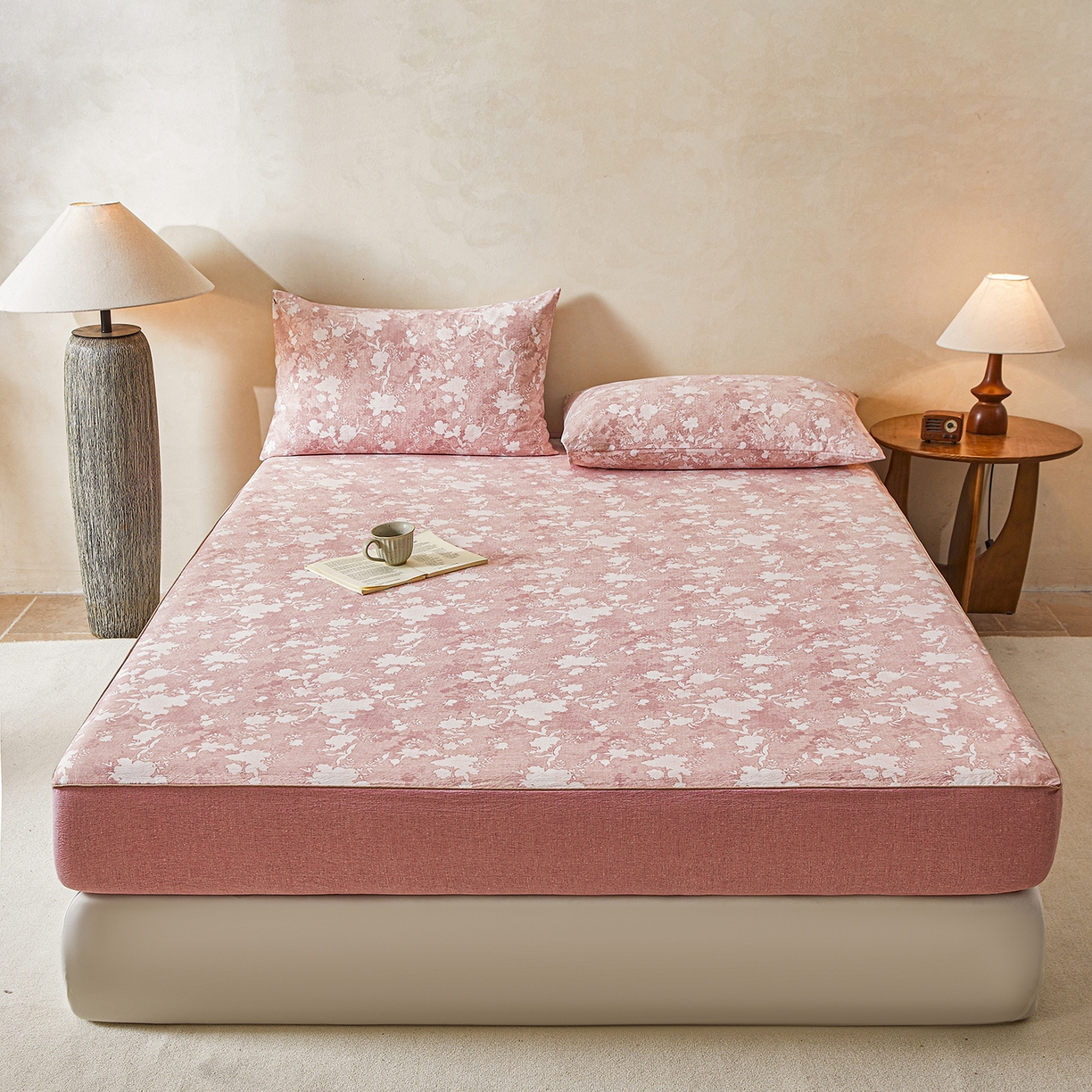 91家纺网 家纺一手货源 找家纺 笠裙家纺 2026新款云感水洗棉印花单床笠床笠单件 浮绘花影