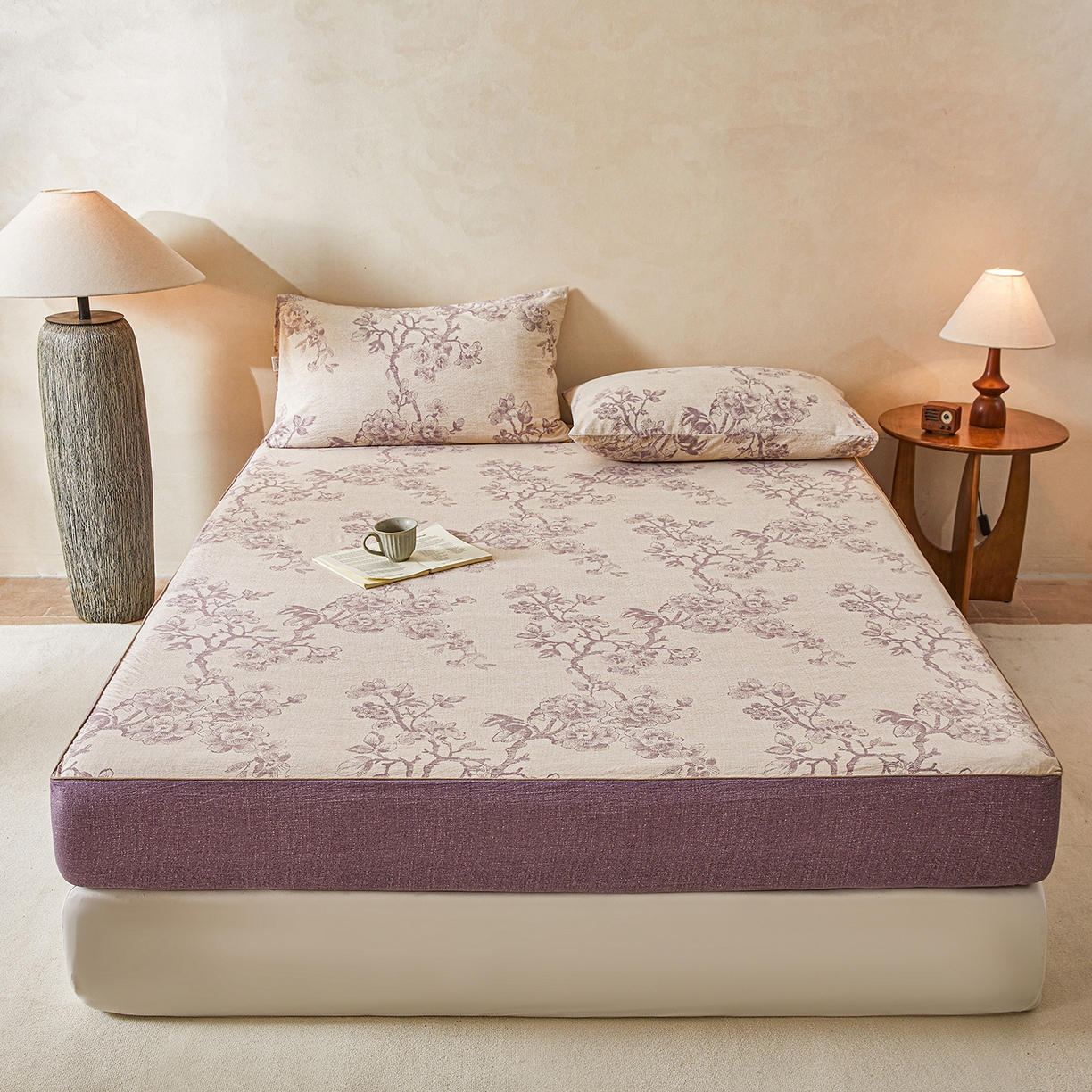 91家纺网 家纺一手货源 找家纺 笠裙家纺 2026新款云感水洗棉印花单床笠床笠单件 云黛紫