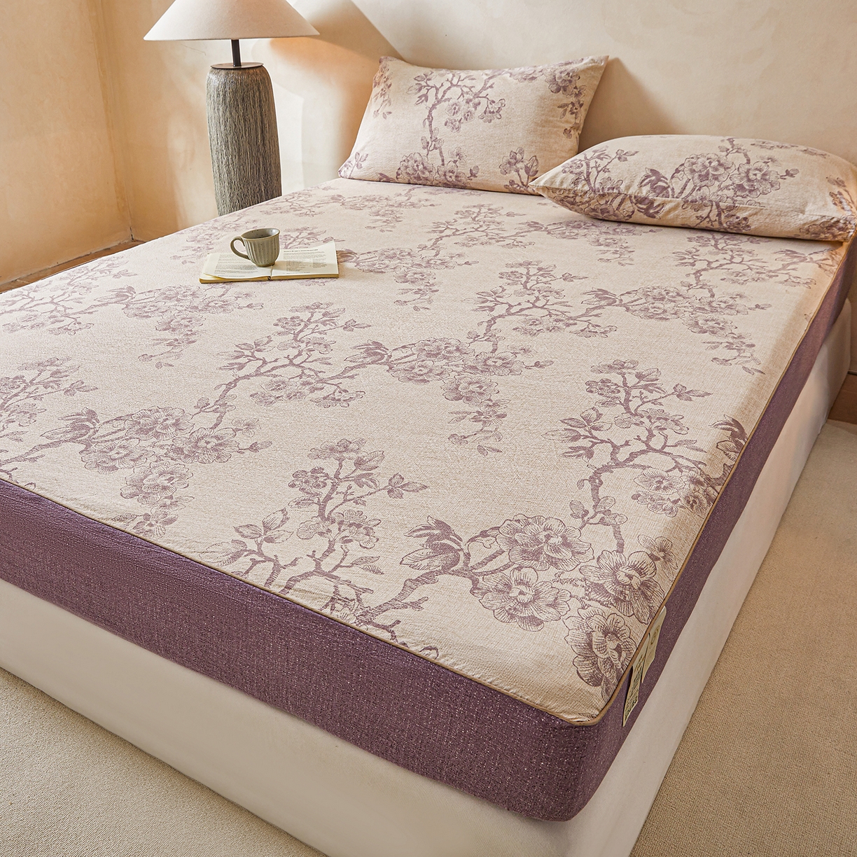 91家纺网 家纺一手货源 找家纺 笠裙家纺 2026新款云感水洗棉印花单床笠床笠单件 云黛紫