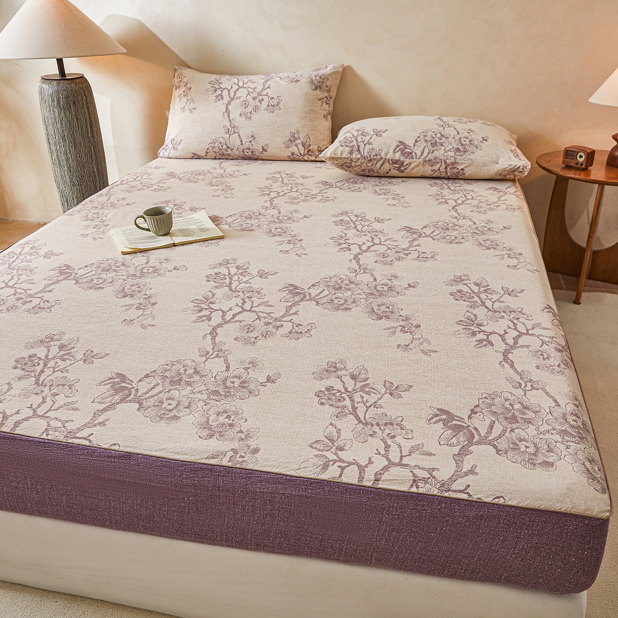 91家纺网 家纺一手货源 找家纺 笠裙家纺 2026新款云感水洗棉印花单床笠床笠单件 云黛紫