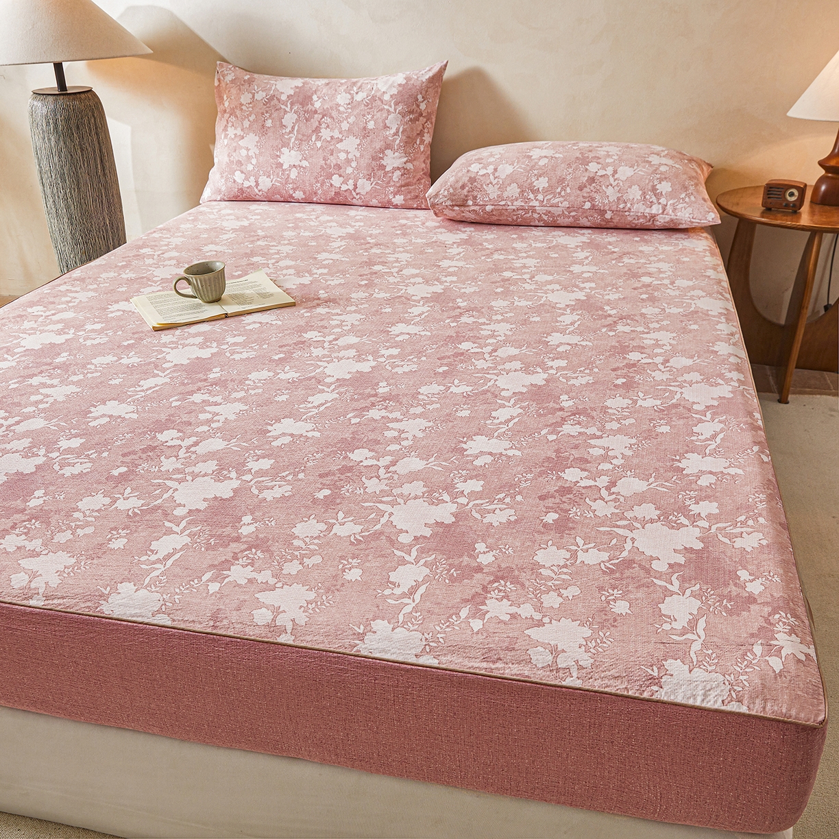 91家纺网 家纺一手货源 找家纺 笠裙家纺 2026新款云感水洗棉印花单床笠床笠单件 浮绘花影