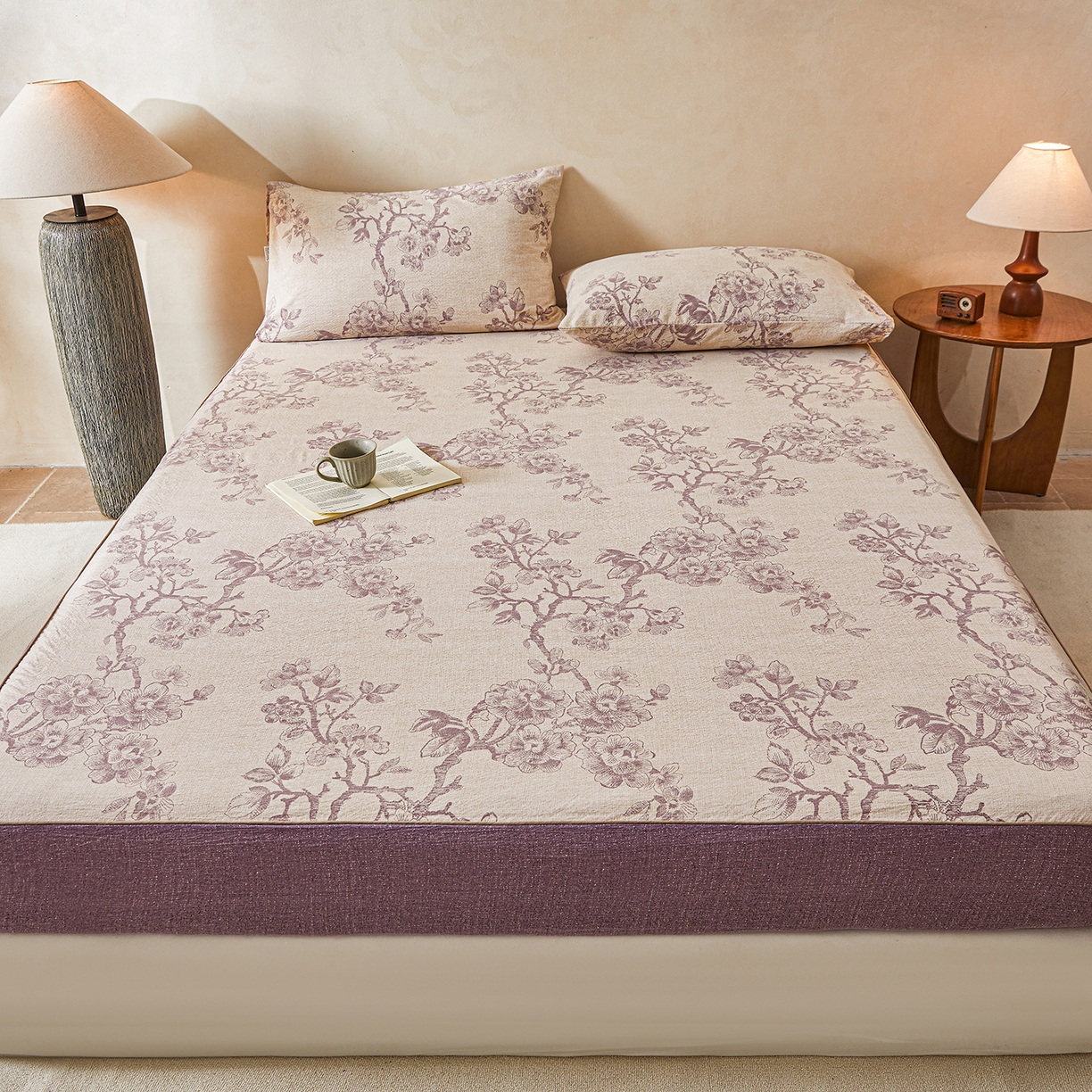 91家纺网 家纺一手货源 找家纺 笠裙家纺 2026新款云感水洗棉印花单床笠床笠单件 云黛紫