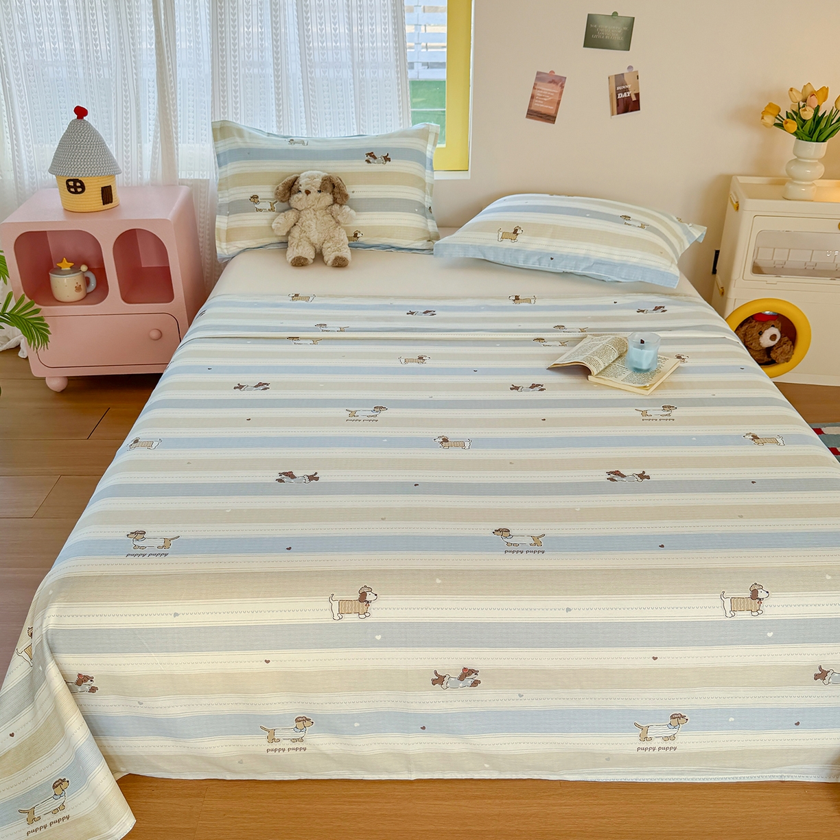 91家纺网 家纺一手货源 找家纺 尚帛 2026新款全棉品质喷气印花爆款四件套 多规格套件 单品系列-单床单 奔跑小狗