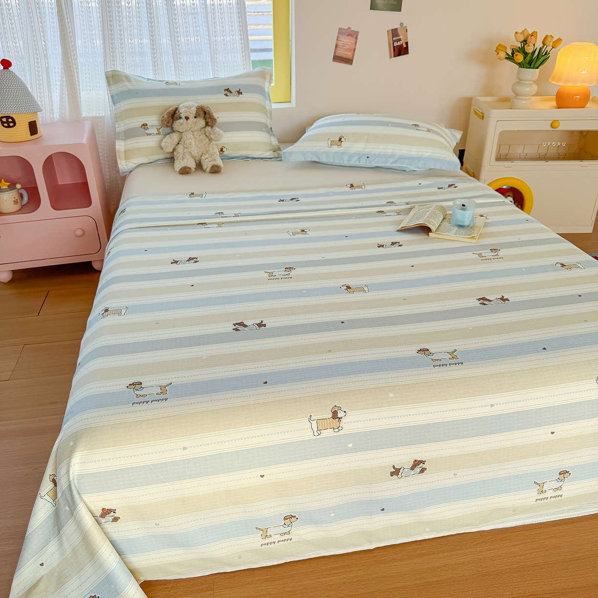 91家纺网 家纺一手货源 找家纺 尚帛 2026新款全棉品质喷气印花爆款四件套 多规格套件 单品系列-单床单 奔跑小狗