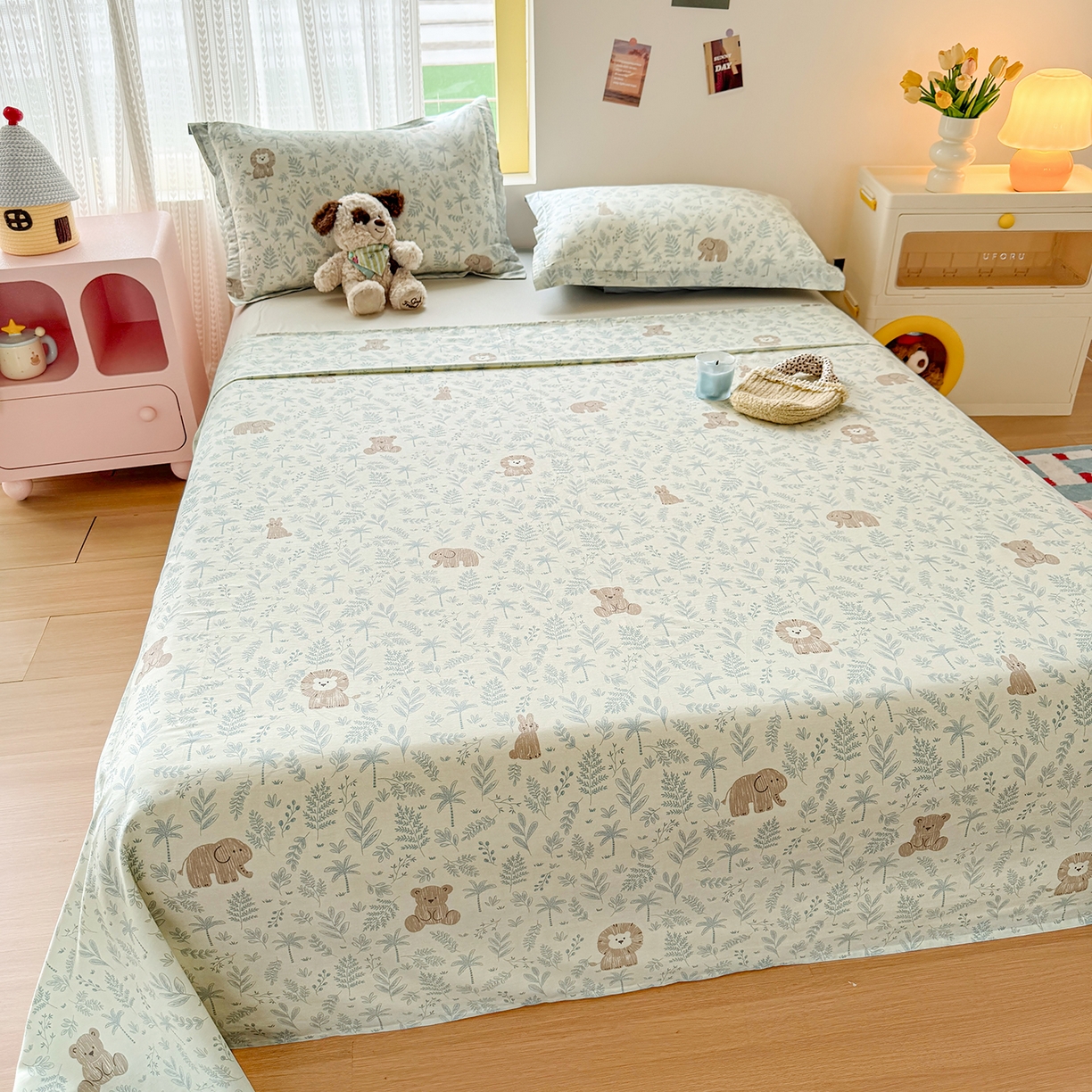 91家纺网 家纺一手货源 找家纺 尚帛 2026新款全棉品质喷气印花爆款四件套 多规格套件 单品系列-单床单 森林小镇-兰