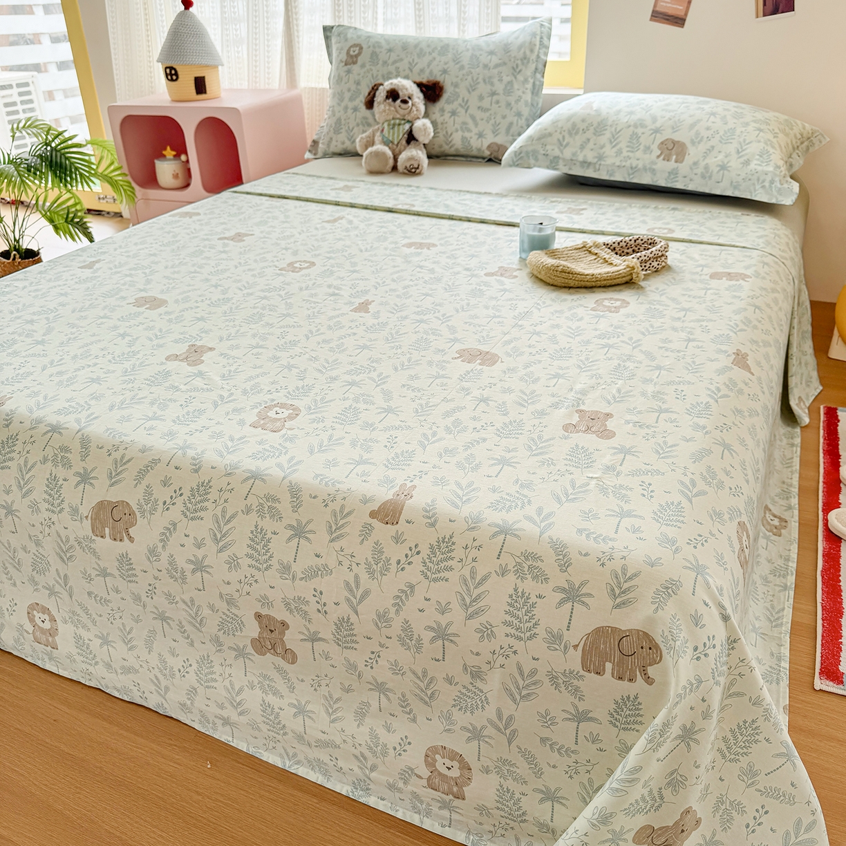 91家纺网 家纺一手货源 找家纺 尚帛 2026新款全棉品质喷气印花爆款四件套 多规格套件 单品系列-单床单 森林小镇-兰