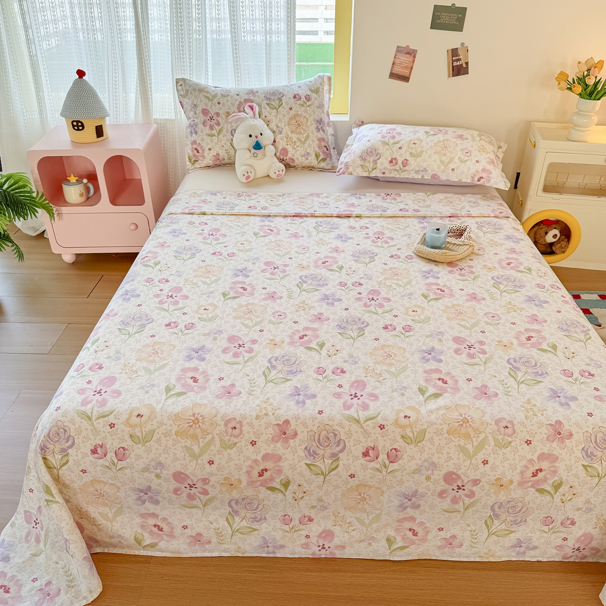 91家纺网 家纺一手货源 找家纺 尚帛 2026新款全棉品质喷气印花爆款四件套 多规格套件 单品系列-单床单 甜心花朵