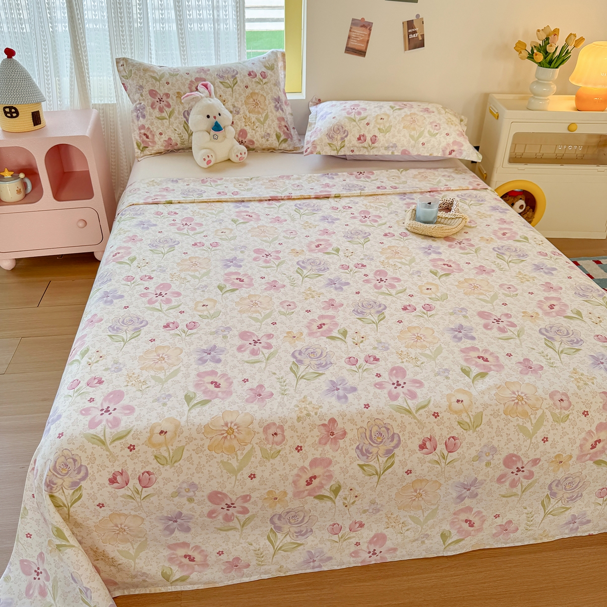 91家纺网 家纺一手货源 找家纺 尚帛 2026新款全棉品质喷气印花爆款四件套 多规格套件 单品系列-单床单 甜心花朵