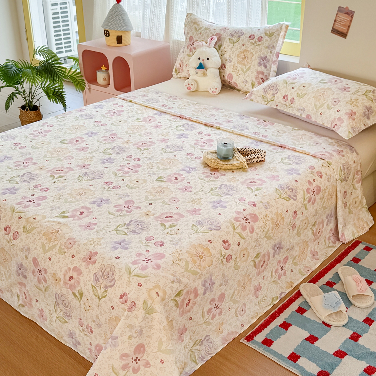 91家纺网 家纺一手货源 找家纺 尚帛 2026新款全棉品质喷气印花爆款四件套 多规格套件 单品系列-单床单 甜心花朵