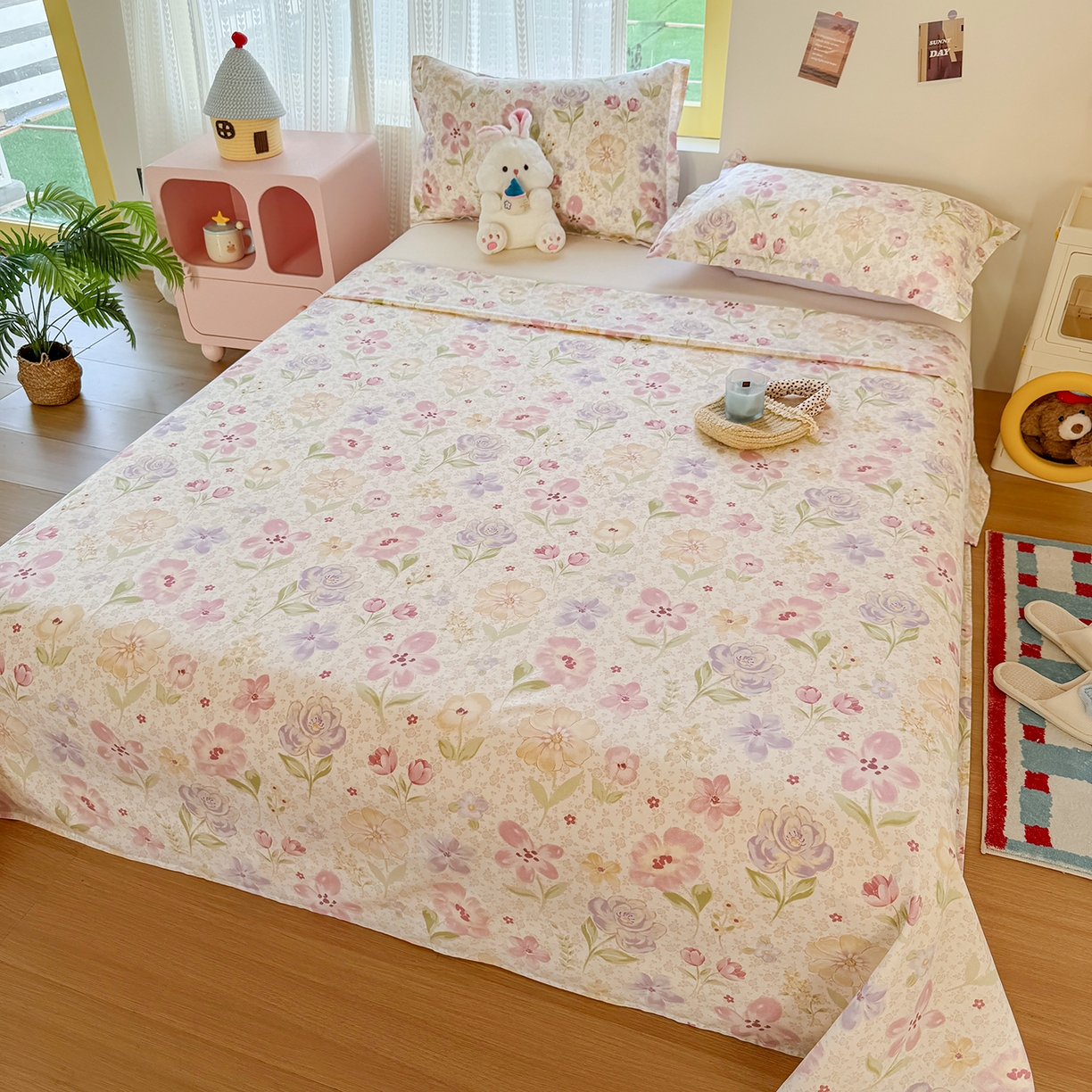 91家纺网 家纺一手货源 找家纺 尚帛 2026新款全棉品质喷气印花爆款四件套 多规格套件 单品系列-单枕套 甜心花朵