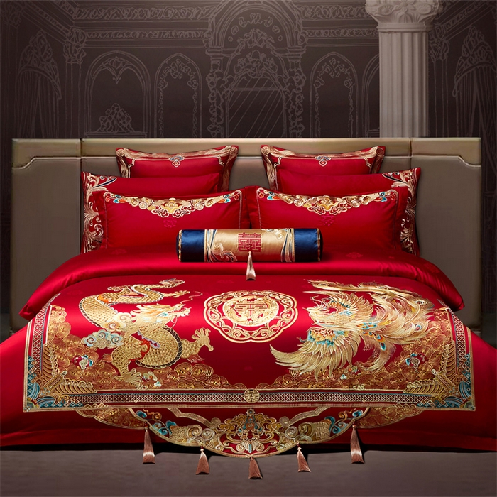 红番天婚庆 （控价）2025新款全棉提花全棉贡缎提花新中式婚庆四件套多件套 龙吟凤鸣