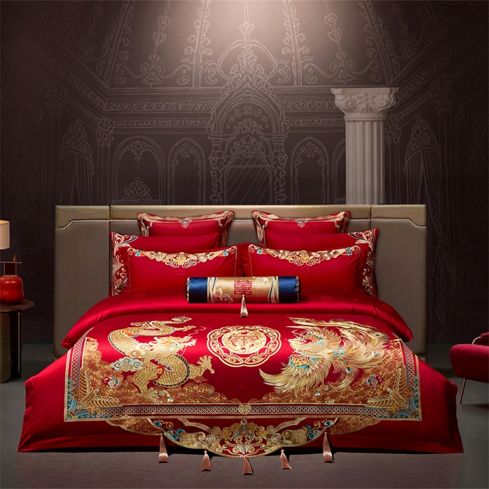 91家纺网 家纺一手货源 找家纺 红番天婚庆 （控价）2025新款全棉提花全棉贡缎提花新中式婚庆四件套多件套 龙吟凤鸣