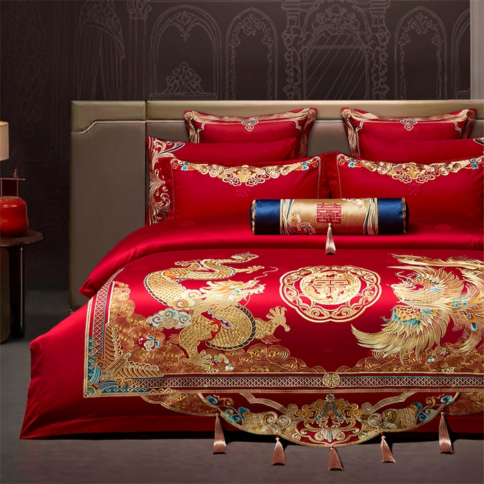 91家纺网 家纺一手货源 找家纺 红番天婚庆 （控价）2025新款全棉提花全棉贡缎提花新中式婚庆四件套多件套 龙吟凤鸣