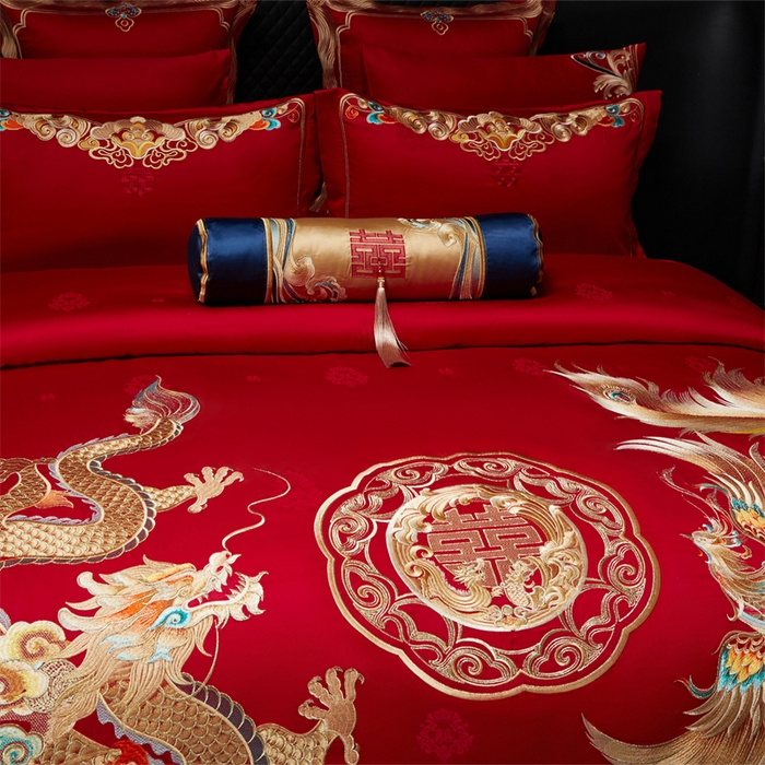 91家纺网 家纺一手货源 找家纺 红番天婚庆 （控价）2025新款全棉提花全棉贡缎提花新中式婚庆四件套多件套 龙吟凤鸣
