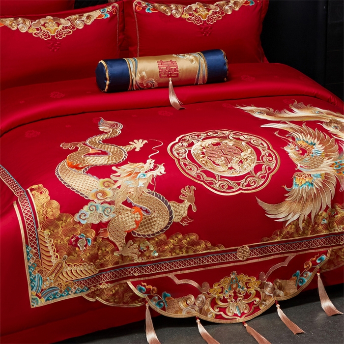 91家纺网 家纺一手货源 找家纺 红番天婚庆 （控价）2025新款全棉提花全棉贡缎提花新中式婚庆四件套多件套 龙吟凤鸣