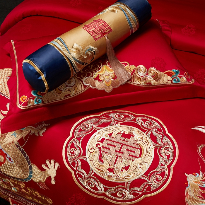 91家纺网 家纺一手货源 找家纺 红番天婚庆 （控价）2025新款全棉提花全棉贡缎提花新中式婚庆四件套多件套 龙吟凤鸣