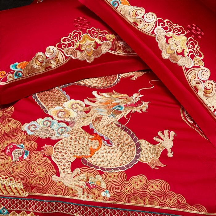 91家纺网 家纺一手货源 找家纺 红番天婚庆 （控价）2025新款全棉提花全棉贡缎提花新中式婚庆四件套多件套 龙吟凤鸣