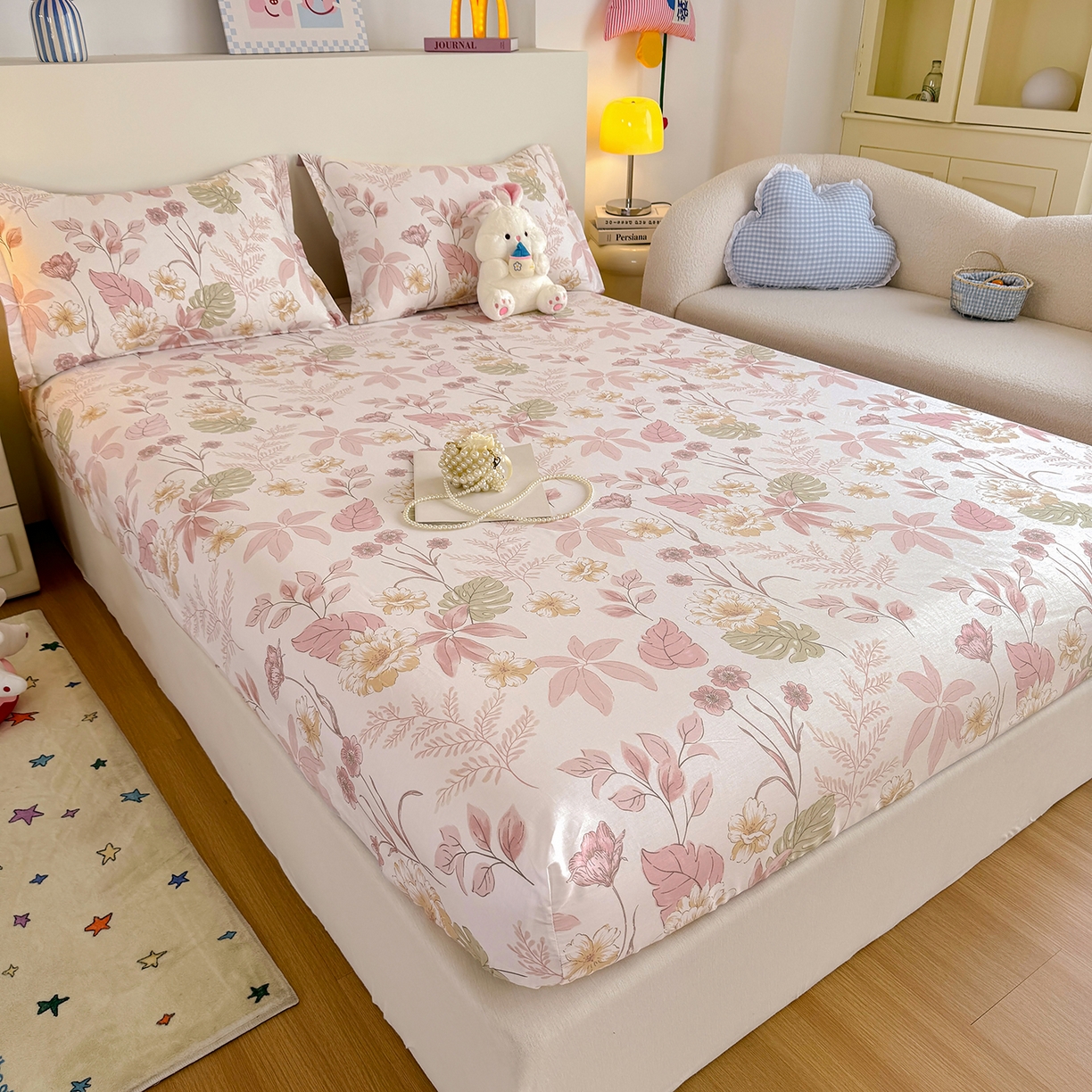 91家纺网 家纺一手货源 找家纺 尚帛 2026新款全棉品质喷气印花爆款四件套 多规格套件 单品系列-单床笠 叶柔粉