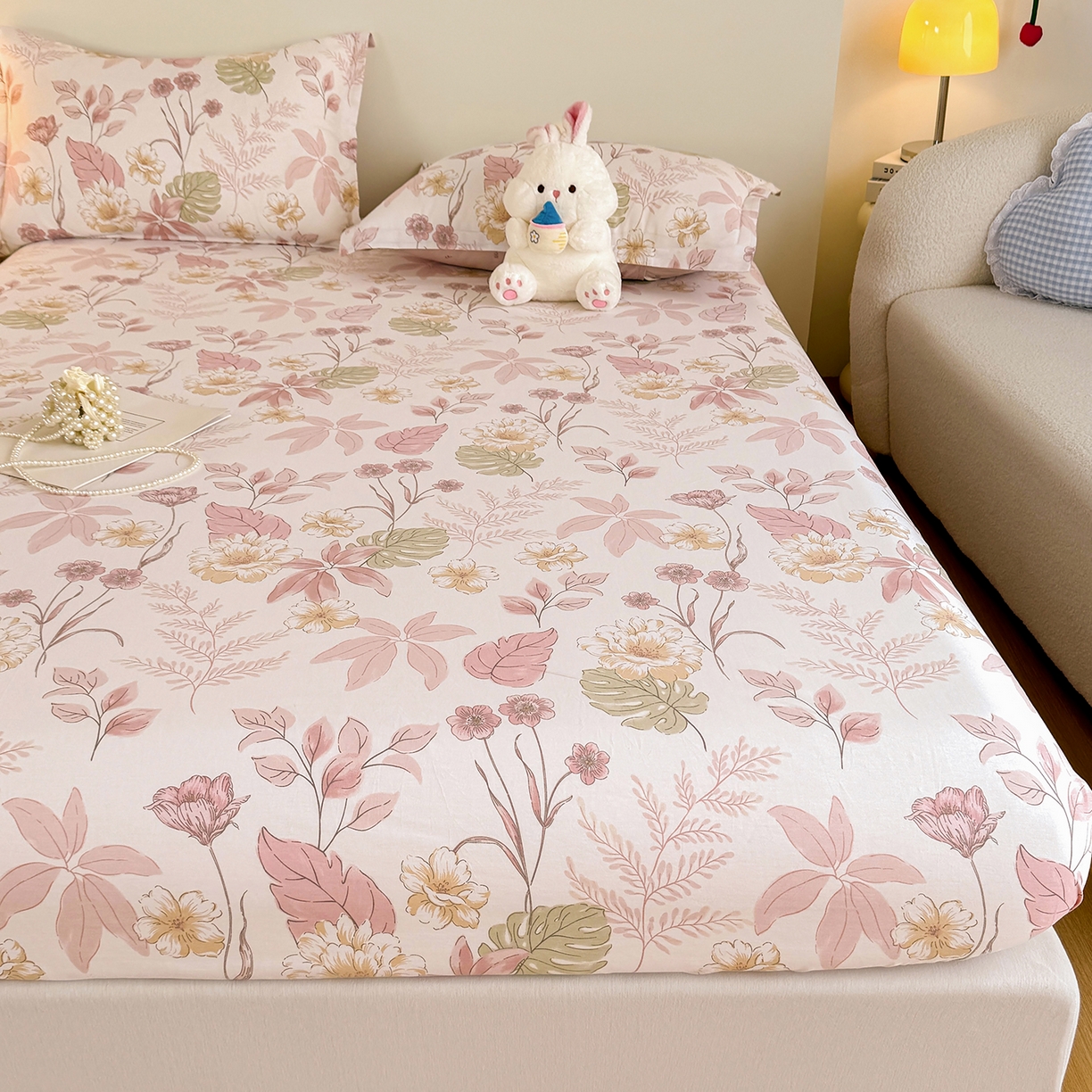 91家纺网 家纺一手货源 找家纺 尚帛 2026新款全棉品质喷气印花爆款四件套 多规格套件 单品系列-单床笠 叶柔粉