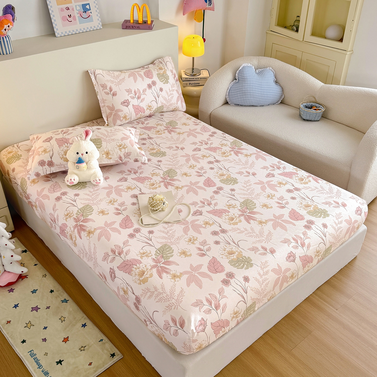 91家纺网 家纺一手货源 找家纺 尚帛 2026新款全棉品质喷气印花爆款四件套 多规格套件 单品系列-单床笠 叶柔粉