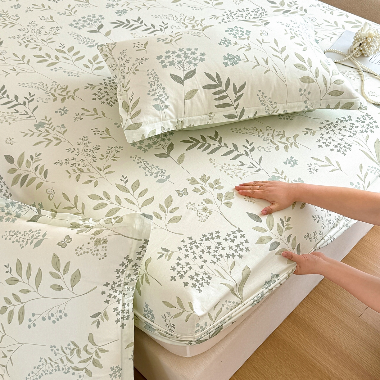 91家纺网 家纺一手货源 找家纺 尚帛 2026新款全棉品质喷气印花爆款四件套 多规格套件 单品系列-单床笠 叶之恋