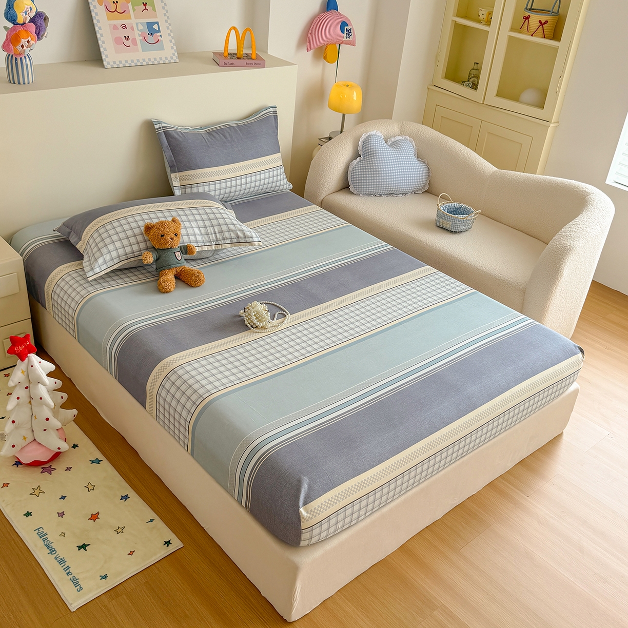 91家纺网 家纺一手货源 找家纺 尚帛 2026新款全棉品质喷气印花爆款四件套 多规格套件 单品系列-单床笠 爱之艺术-灰