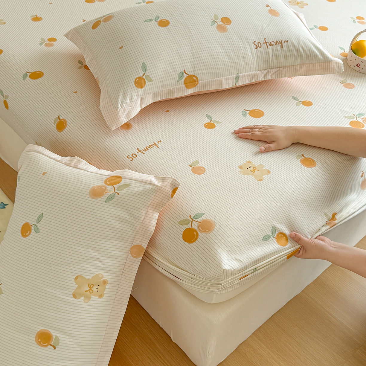 91家纺网 家纺一手货源 找家纺 尚帛 2026新款全棉品质喷气印花爆款四件套 多规格套件 单品系列-单床笠 欢乐碰碰熊