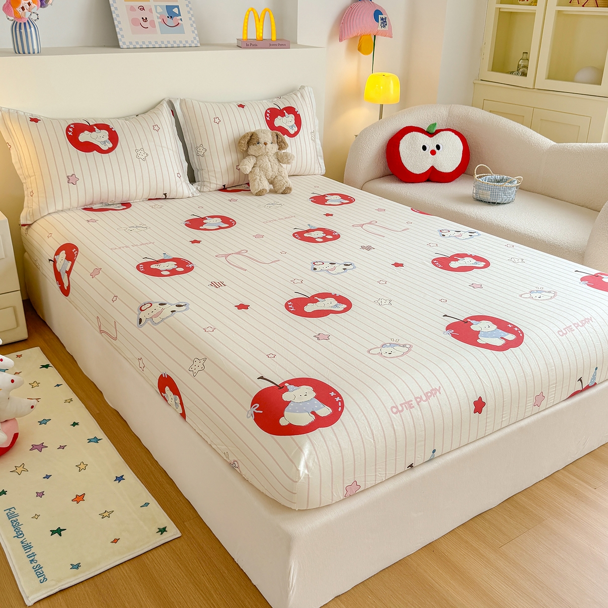 91家纺网 家纺一手货源 找家纺 尚帛 2026新款全棉品质喷气印花爆款四件套 多规格套件 单品系列-单床笠 派对柯基