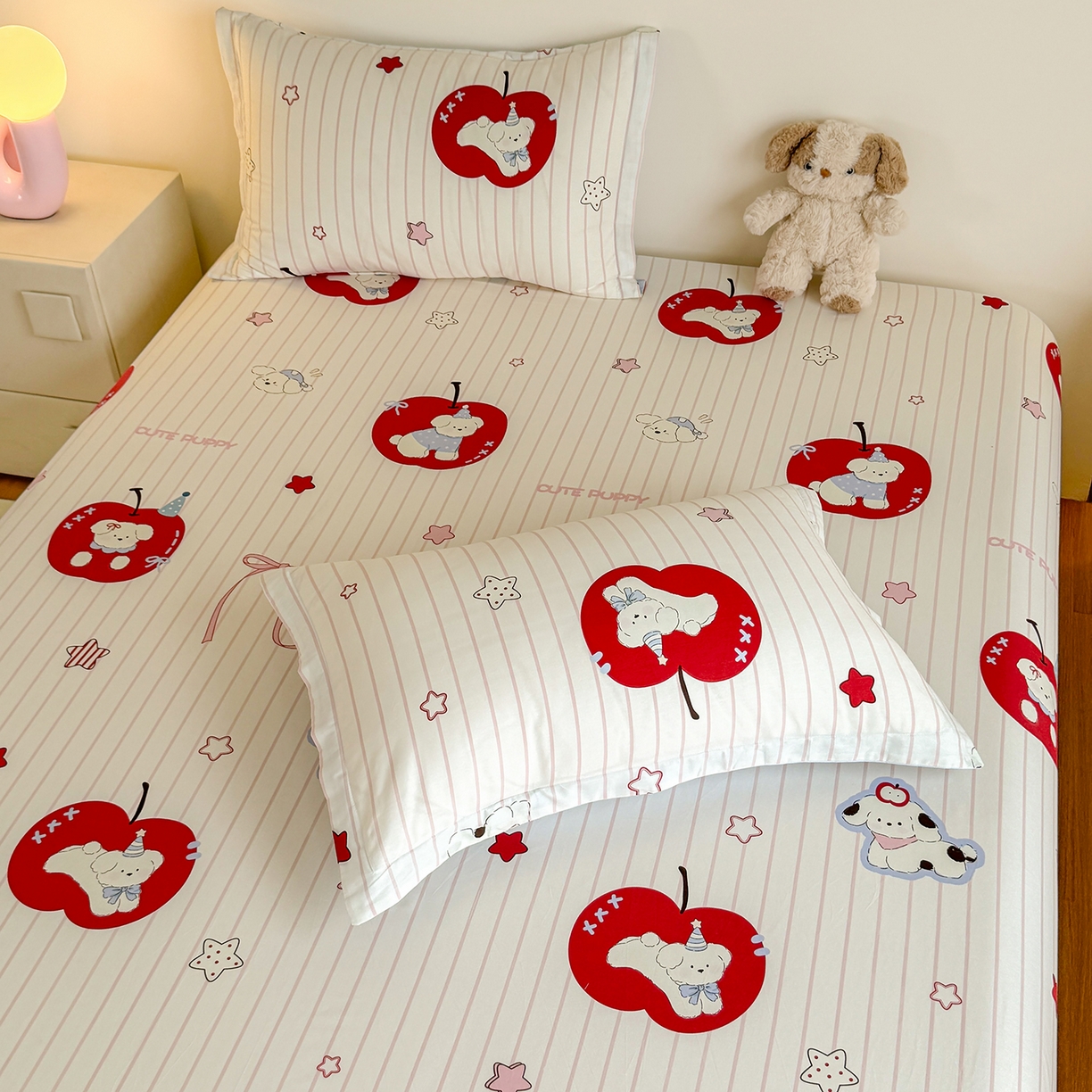 91家纺网 家纺一手货源 找家纺 尚帛 2026新款全棉品质喷气印花爆款四件套 多规格套件 单品系列-单床笠 派对柯基