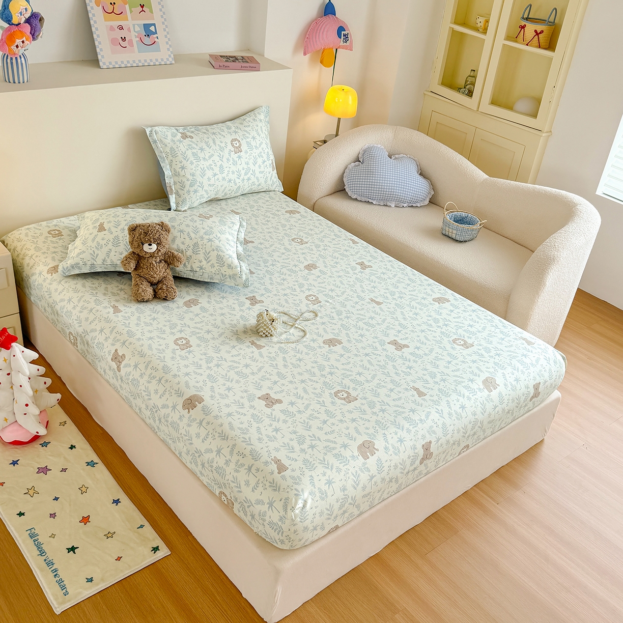 91家纺网 家纺一手货源 找家纺 尚帛 2026新款全棉品质喷气印花爆款四件套 多规格套件 单品系列-单床笠 森林小镇-兰