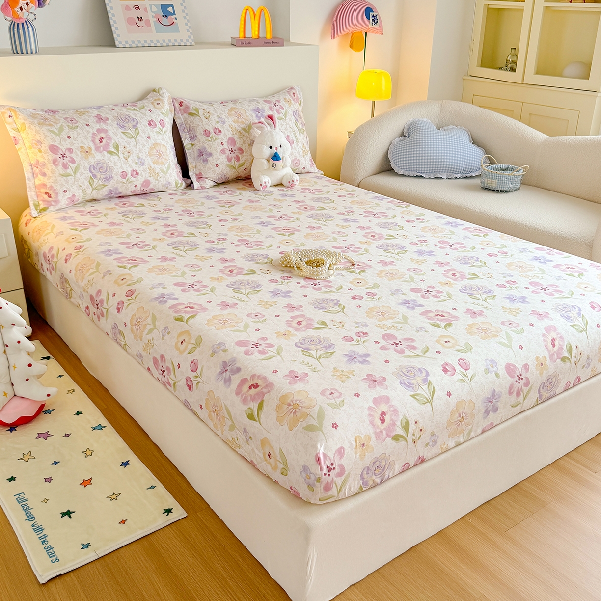 91家纺网 家纺一手货源 找家纺 尚帛 2026新款全棉品质喷气印花爆款四件套 多规格套件 单品系列-单床笠 甜心花朵