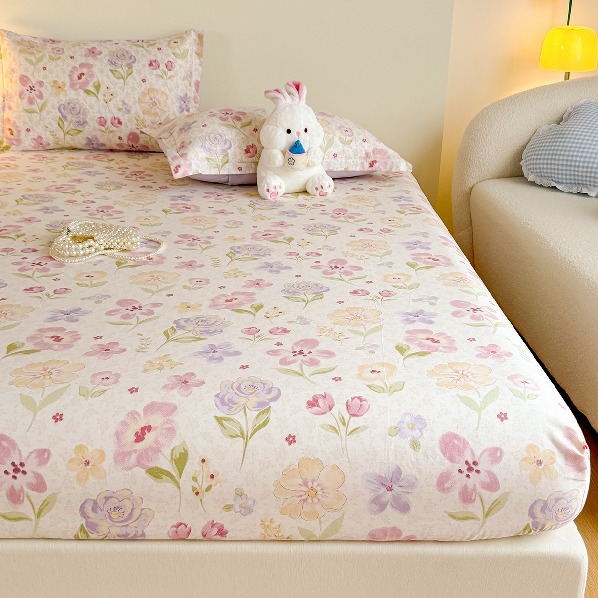 91家纺网 家纺一手货源 找家纺 尚帛 2026新款全棉品质喷气印花爆款四件套 多规格套件 单品系列-单床笠 甜心花朵