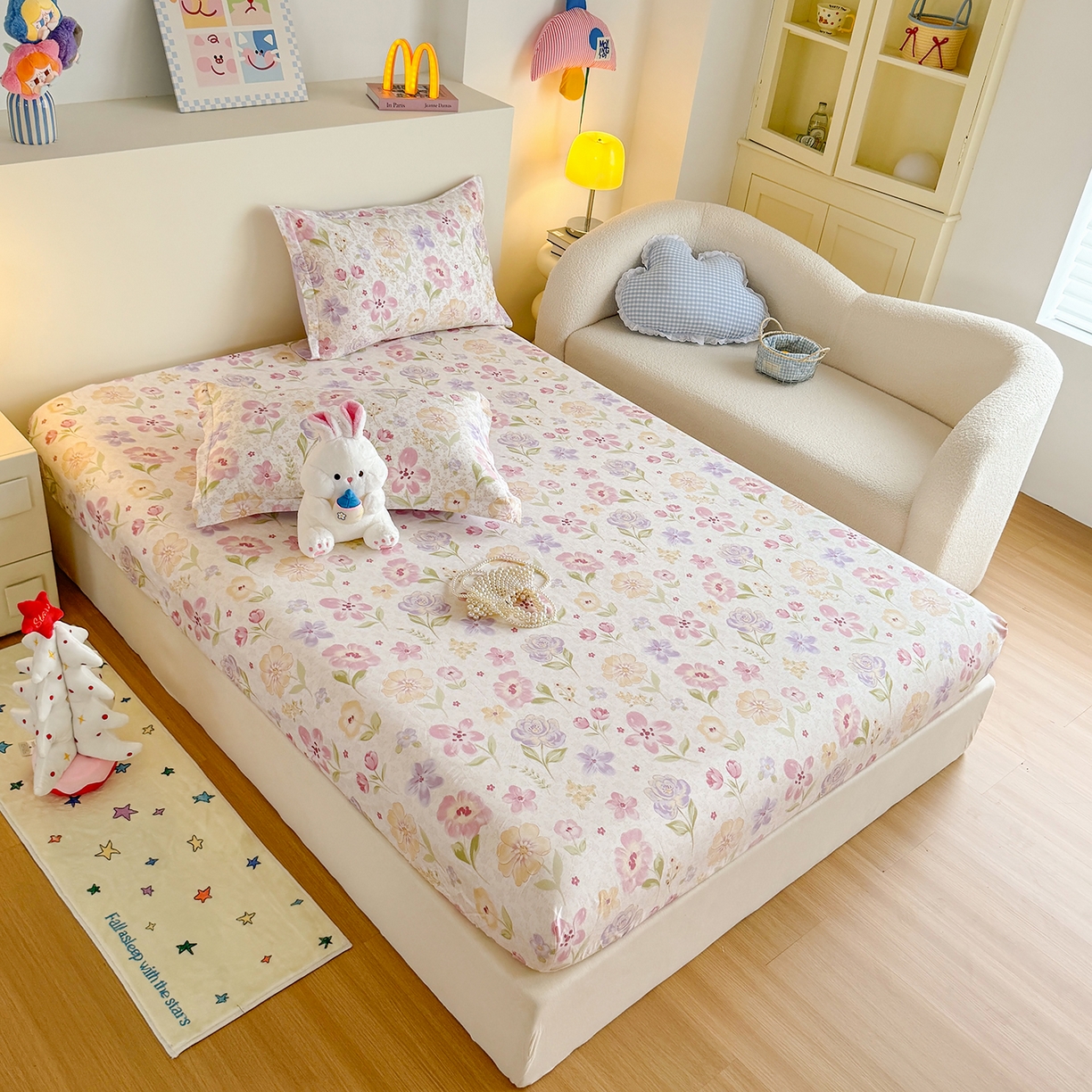 91家纺网 家纺一手货源 找家纺 尚帛 2026新款全棉品质喷气印花爆款四件套 多规格套件 单品系列-单床笠 甜心花朵