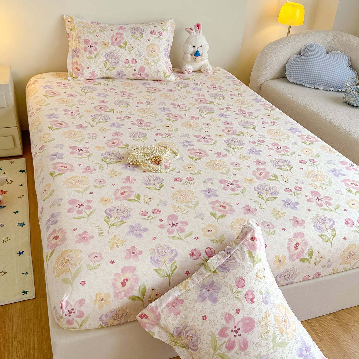 91家纺网 家纺一手货源 找家纺 尚帛 2026新款全棉品质喷气印花爆款四件套 多规格套件 单品系列-单床笠 甜心花朵