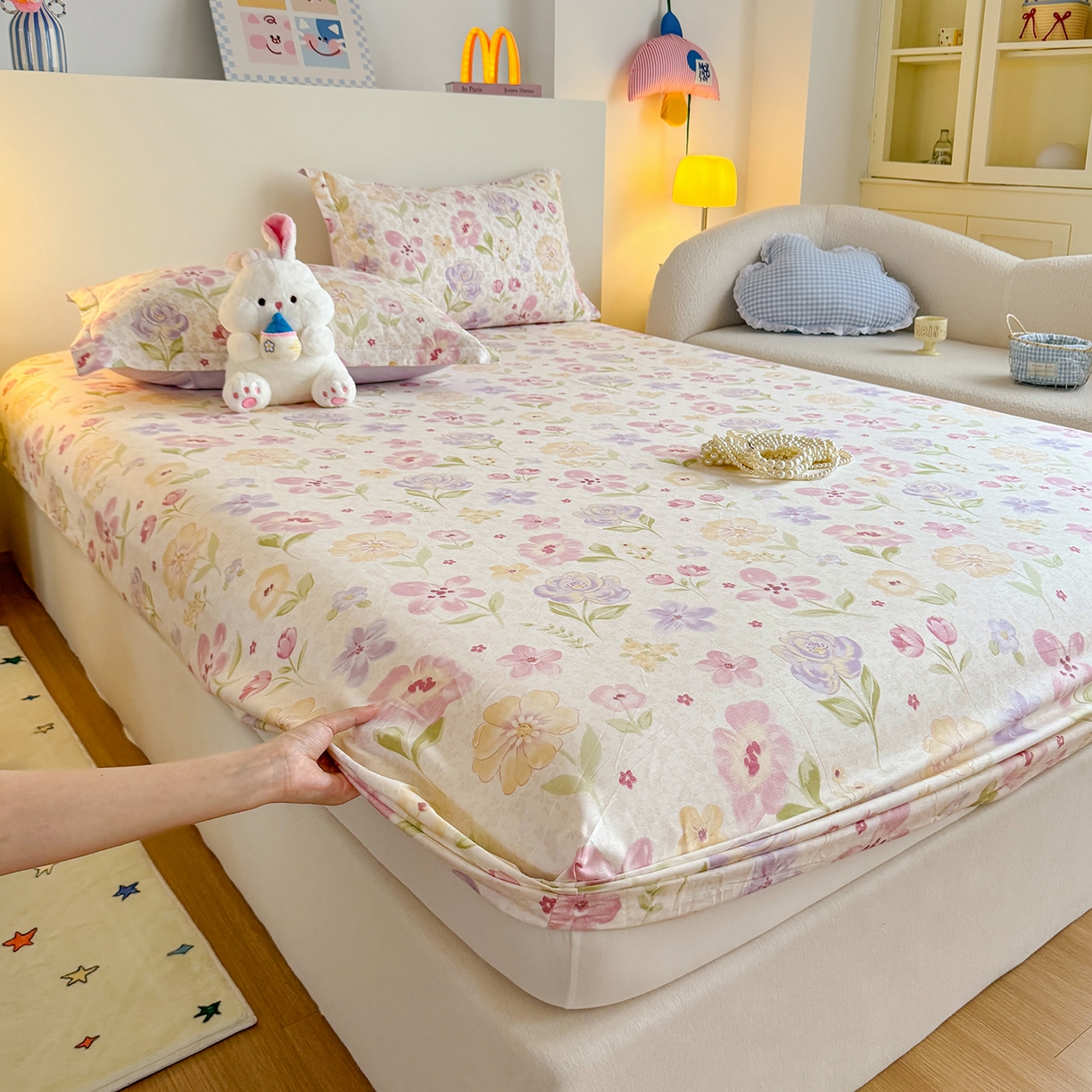 91家纺网 家纺一手货源 找家纺 尚帛 2026新款全棉品质喷气印花爆款四件套 多规格套件 单品系列-单床笠 甜心花朵