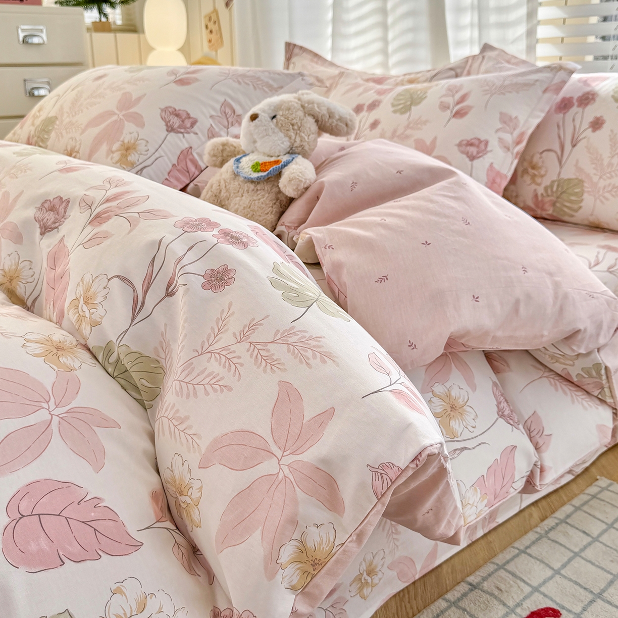 91家纺网 家纺一手货源 找家纺 尚帛 2026新款全棉品质喷气印花爆款四件套 多规格套件 单品系列-单被套 叶柔粉