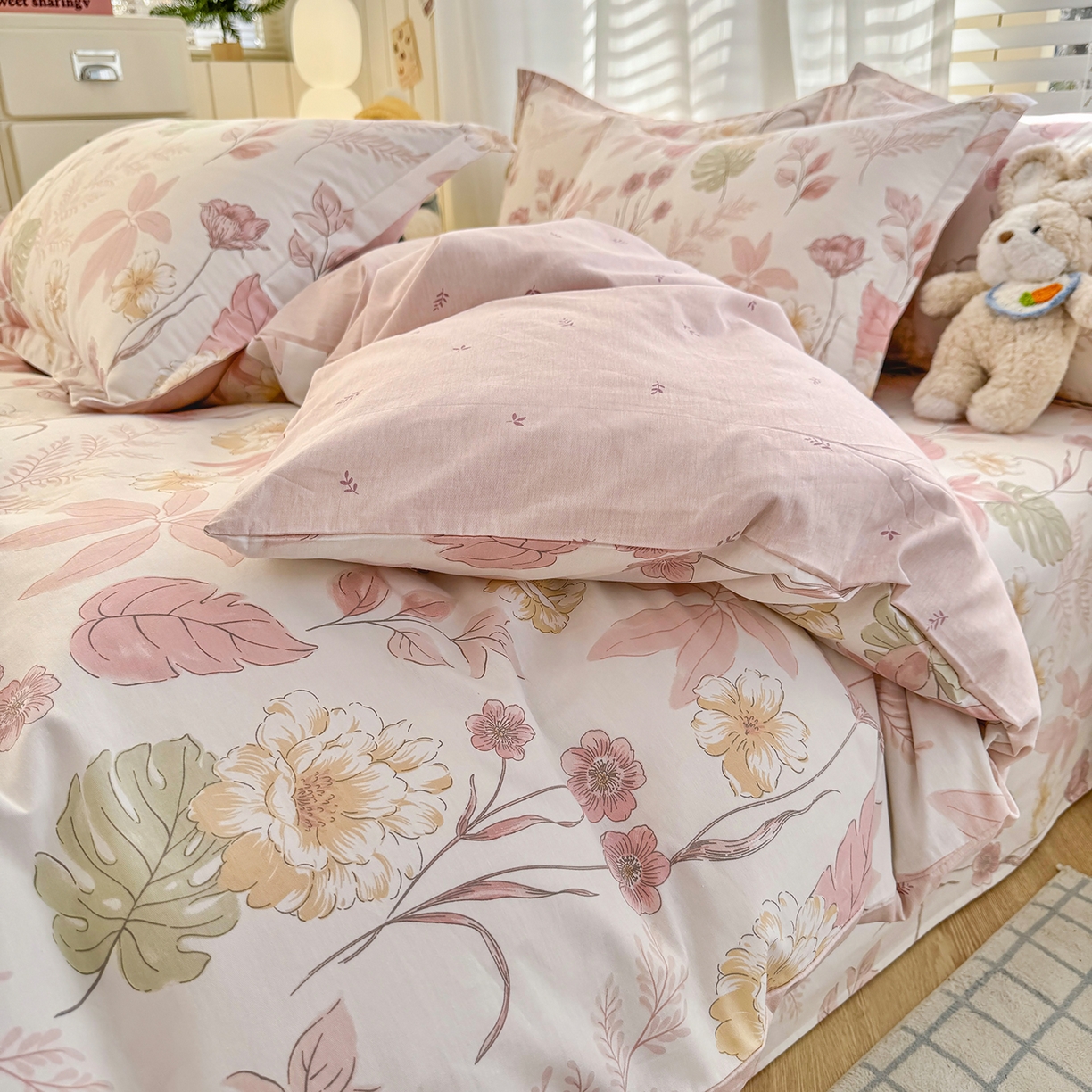 91家纺网 家纺一手货源 找家纺 尚帛 2026新款全棉品质喷气印花爆款四件套 多规格套件 单品系列-单被套 叶柔粉