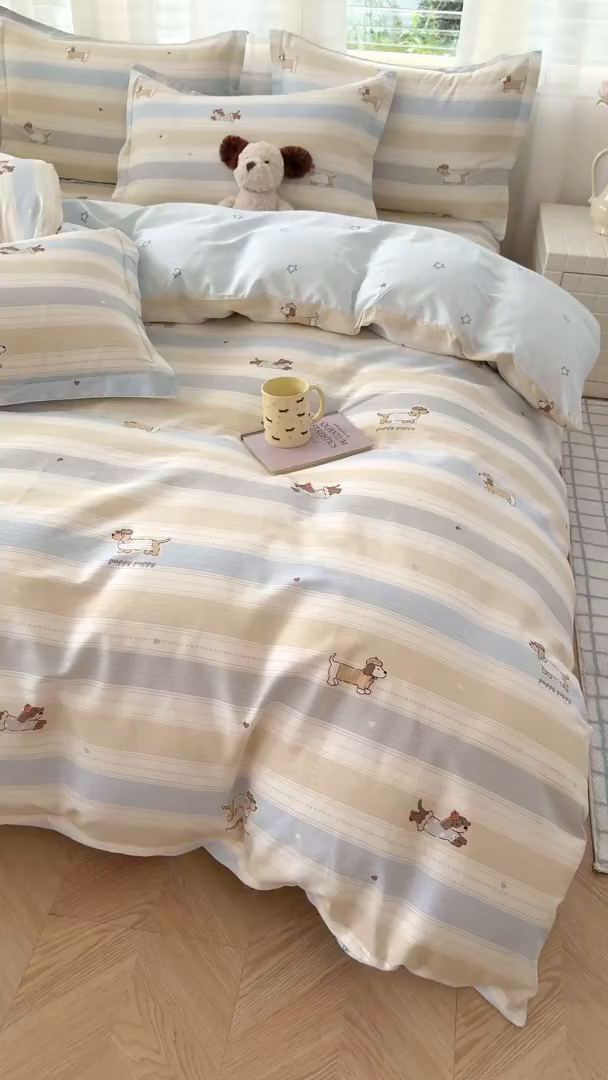 91家纺网 家纺一手货源 找家纺 尚帛 2026新款全棉品质喷气印花爆款四件套 多规格套件 单品系列-单被套 奔跑小狗
