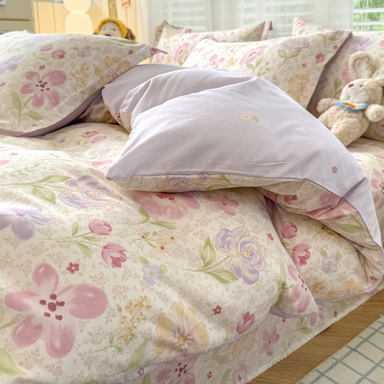 91家纺网 家纺一手货源 找家纺 尚帛 2026新款全棉品质喷气印花爆款四件套 多规格套件 单品系列-单被套 甜心花朵