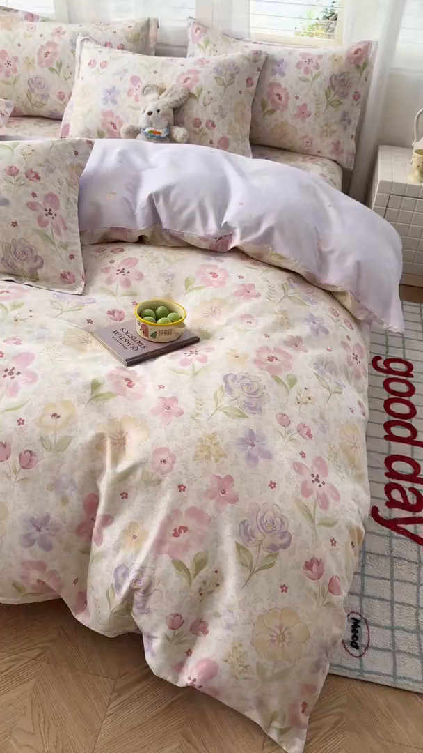 91家纺网 家纺一手货源 找家纺 尚帛 2026新款全棉品质喷气印花爆款四件套 多规格套件 单品系列-单被套 甜心花朵