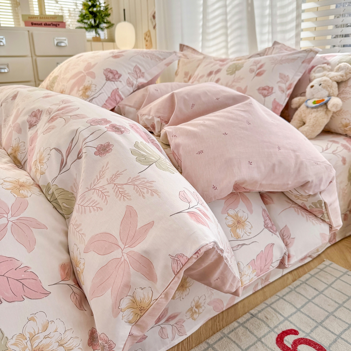 尚帛 2026新款全棉品质喷气印花爆款四件套 多规格套件 单品系列-四件套 叶柔粉