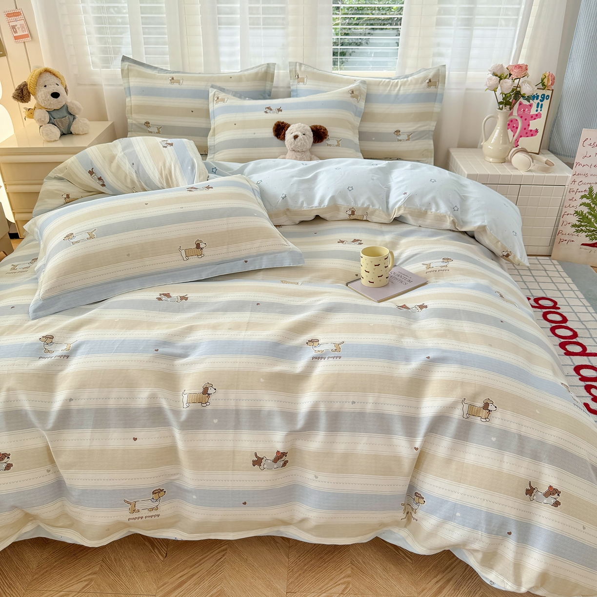 91家纺网 家纺一手货源 找家纺 尚帛 2026新款全棉品质喷气印花爆款四件套 多规格套件 单品系列-四件套 奔跑小狗