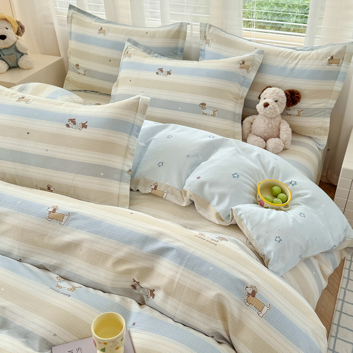 91家纺网 家纺一手货源 找家纺 尚帛 2026新款全棉品质喷气印花爆款四件套 多规格套件 单品系列-四件套 奔跑小狗