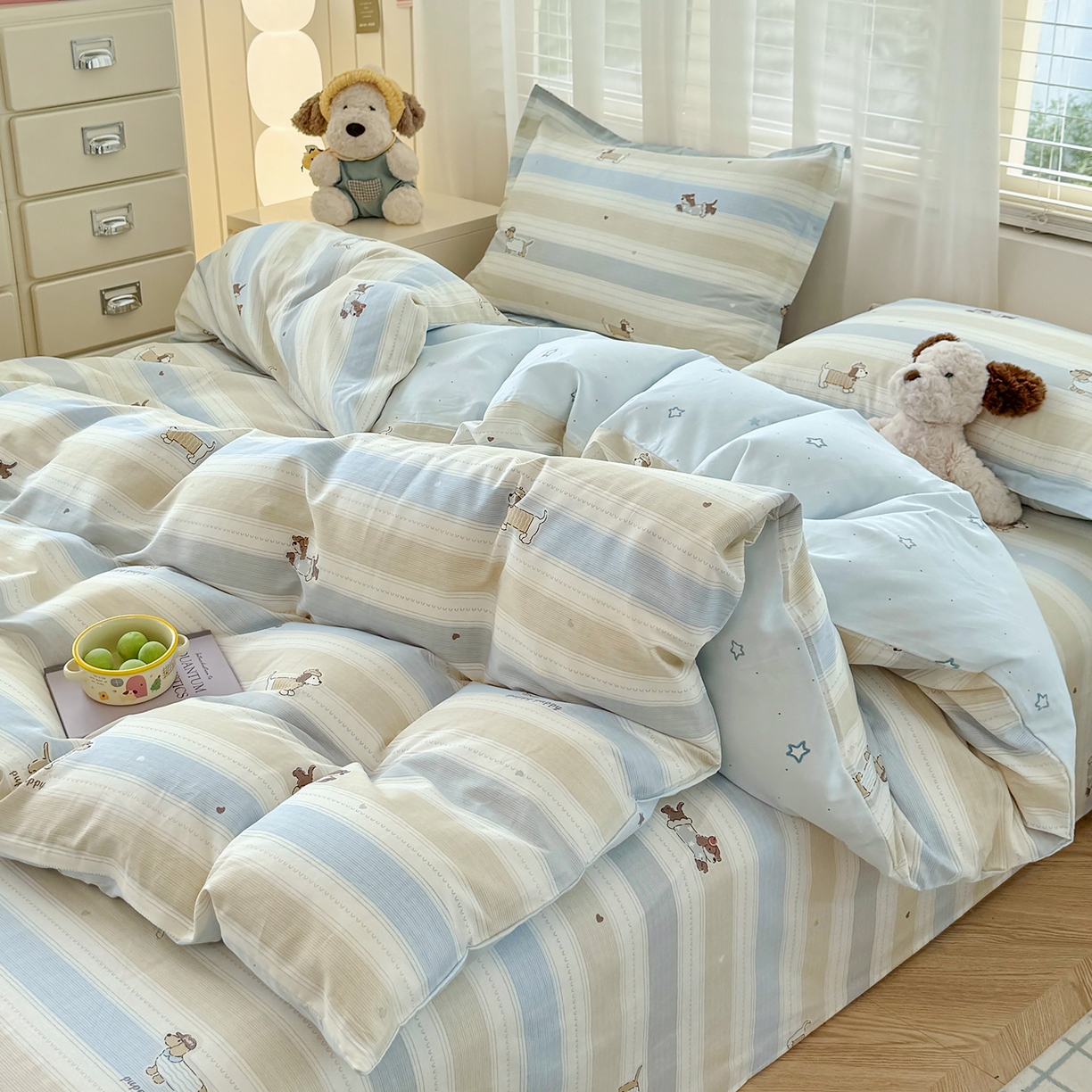 91家纺网 家纺一手货源 找家纺 尚帛 2026新款全棉品质喷气印花爆款四件套 多规格套件 单品系列-四件套 奔跑小狗