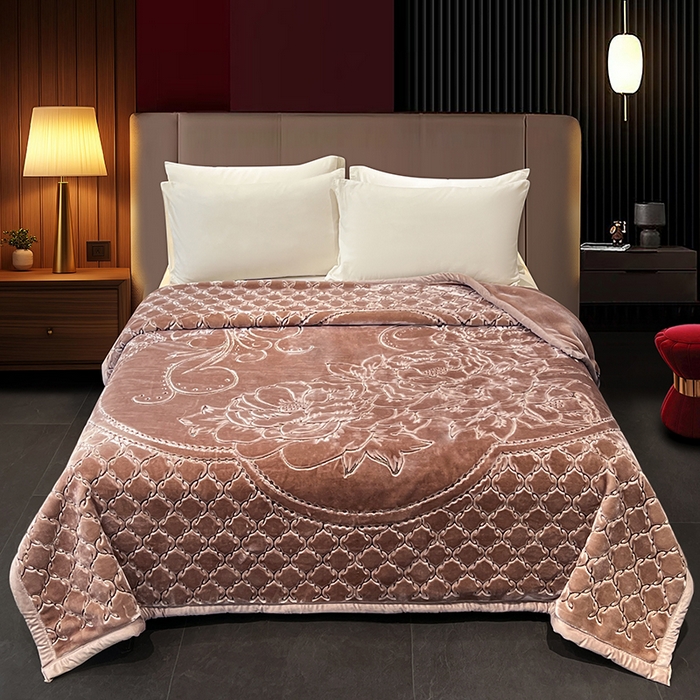 凯轩毛毯网销专供 2026新款仿刺绣双层加厚压花云毯 豆沙红